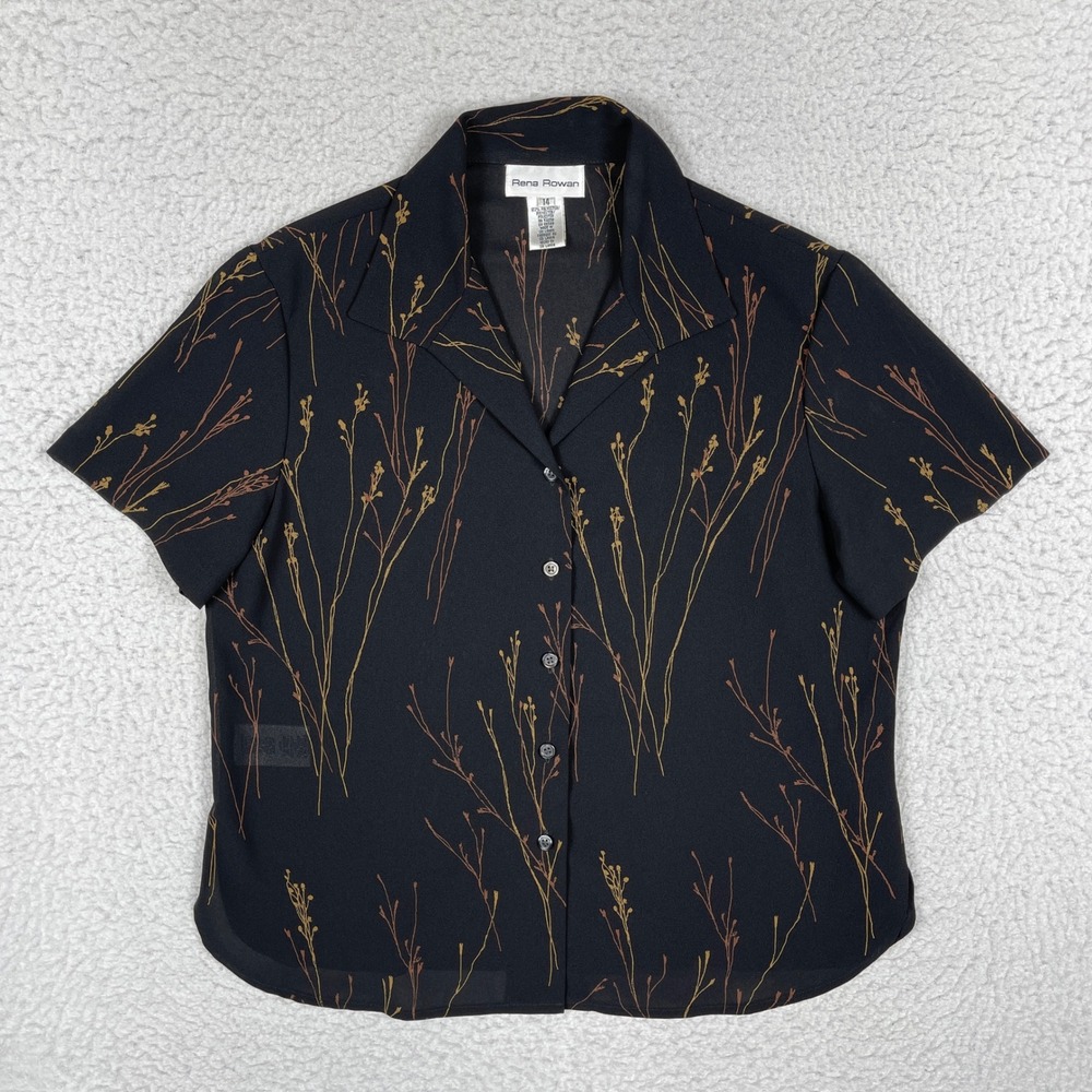 Rena Rowan Blouse Womens 14 Black Botanical Print Short Sleeve Button Up Vintage